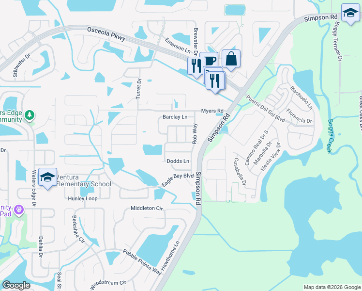 map of restaurants, bars, coffee shops, grocery stores, and more near 2728 Randal Way in Kissimmee