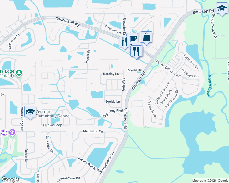 map of restaurants, bars, coffee shops, grocery stores, and more near 2728 Randal Way in Kissimmee