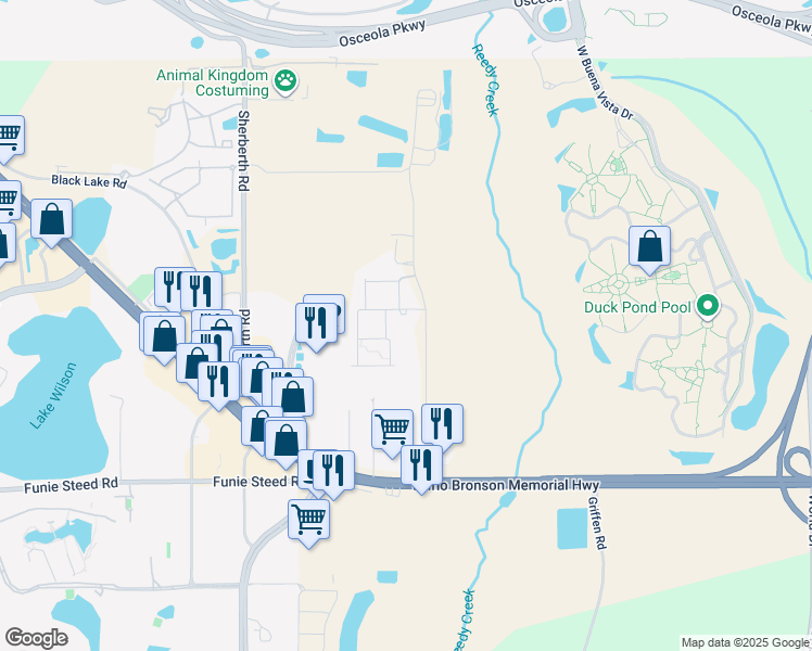 map of restaurants, bars, coffee shops, grocery stores, and more near 7430 Brooklyn Drive in Kissimmee