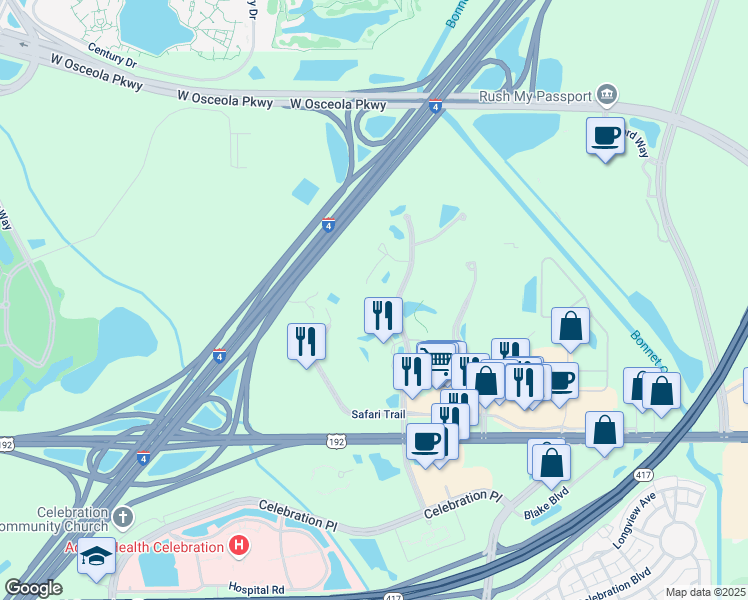 map of restaurants, bars, coffee shops, grocery stores, and more near 3012 Parkway Boulevard in Kissimmee