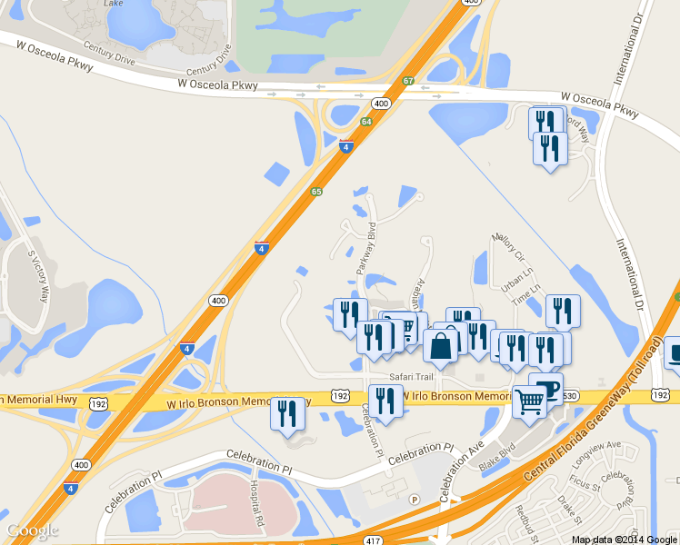 map of restaurants, bars, coffee shops, grocery stores, and more near 3012 Parkway Boulevard in Kissimmee