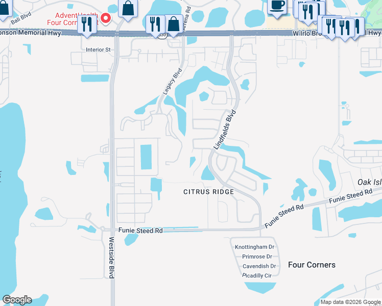 map of restaurants, bars, coffee shops, grocery stores, and more near 3014 Bloomsbury Dr in Kissimmee