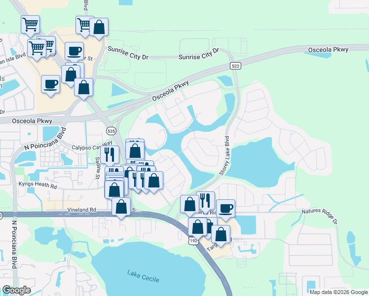 map of restaurants, bars, coffee shops, grocery stores, and more near 4761 Kings Castle Circle in Kissimmee