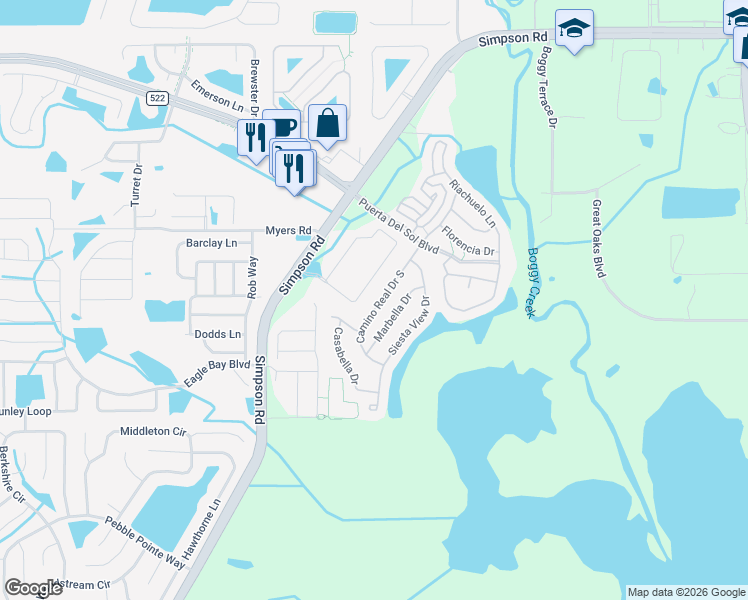 map of restaurants, bars, coffee shops, grocery stores, and more near 3018 Camino Real Drive South in Kissimmee