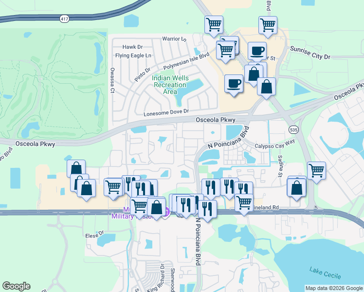 map of restaurants, bars, coffee shops, grocery stores, and more near 3104 Seaview Castle Drive in Kissimmee