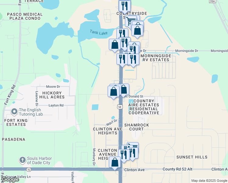 map of restaurants, bars, coffee shops, grocery stores, and more near Dade City Avenue in Dade City