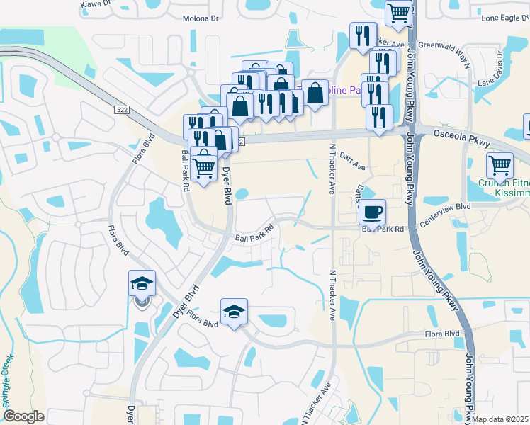 map of restaurants, bars, coffee shops, grocery stores, and more near 3040 Dyer Boulevard in Kissimmee
