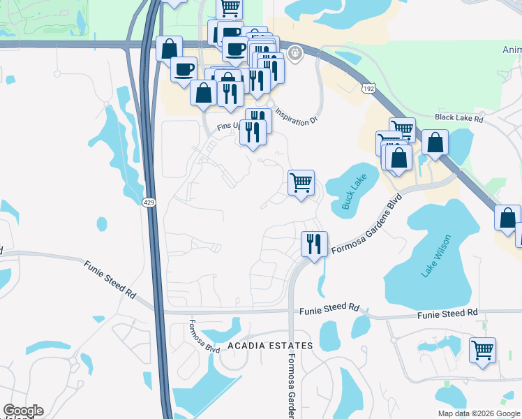 map of restaurants, bars, coffee shops, grocery stores, and more near 3028 Parrot Head Place in Kissimmee