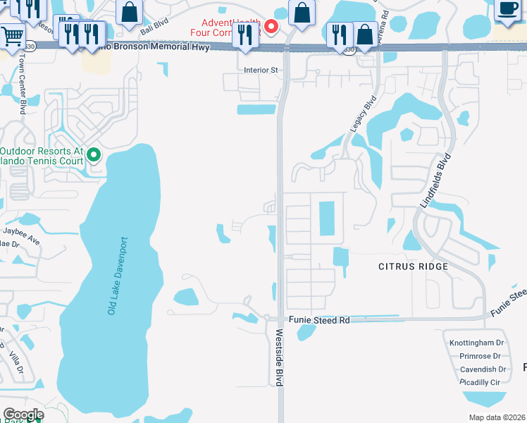 map of restaurants, bars, coffee shops, grocery stores, and more near 3050 Pirates Retreat Court in Kissimmee