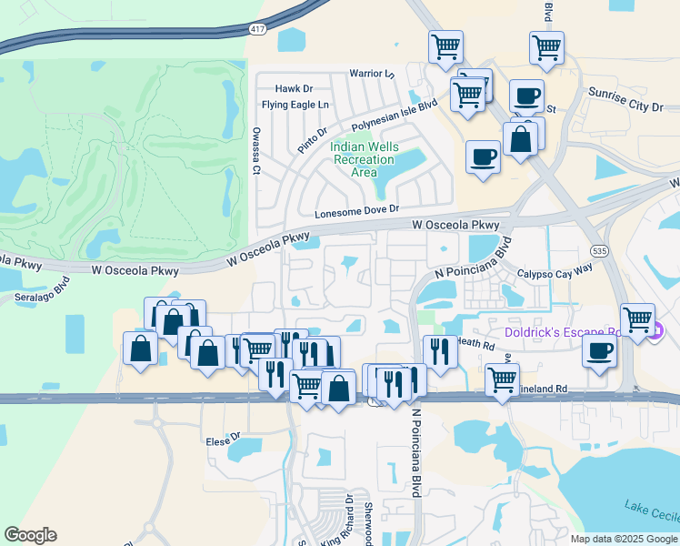 map of restaurants, bars, coffee shops, grocery stores, and more near 5259 Images Circle in Kissimmee