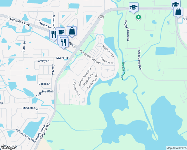map of restaurants, bars, coffee shops, grocery stores, and more near 2981 Marbella Drive in Kissimmee