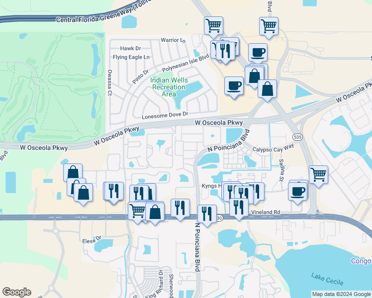 map of restaurants, bars, coffee shops, grocery stores, and more near 3105 Seaview Castle Drive in Kissimmee
