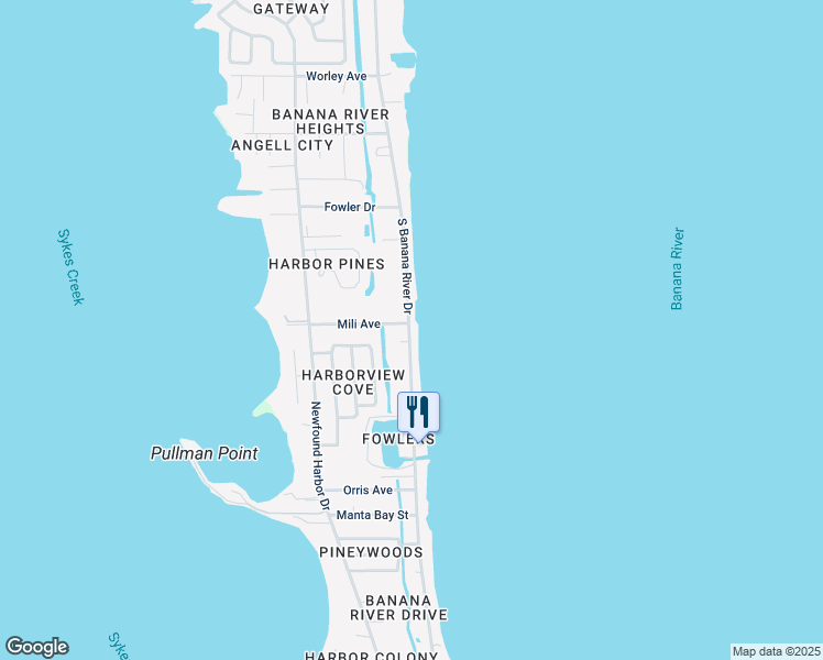 map of restaurants, bars, coffee shops, grocery stores, and more near 1101 South Banana River Drive in Merritt Island