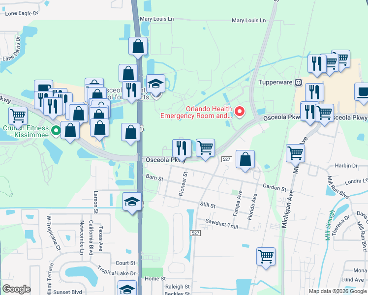 map of restaurants, bars, coffee shops, grocery stores, and more near 401 Bald Cypress Drive in Kissimmee