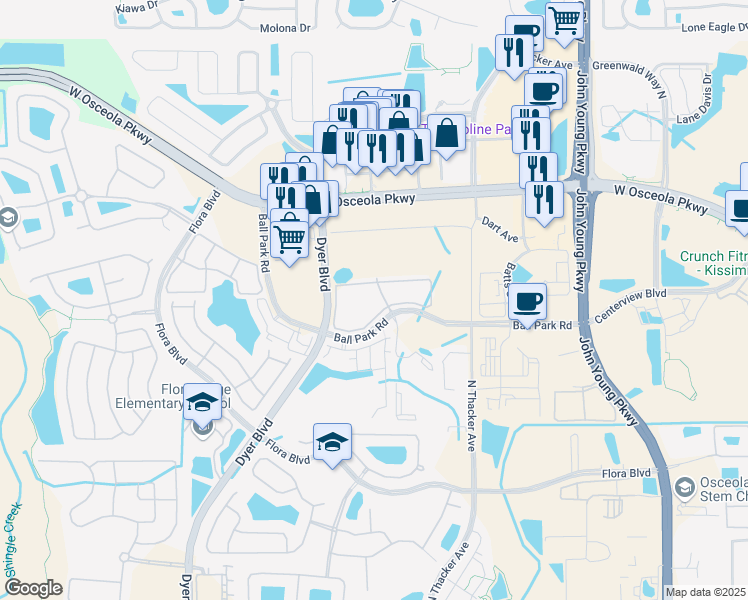 map of restaurants, bars, coffee shops, grocery stores, and more near 3040 Dyer Boulevard in Kissimmee