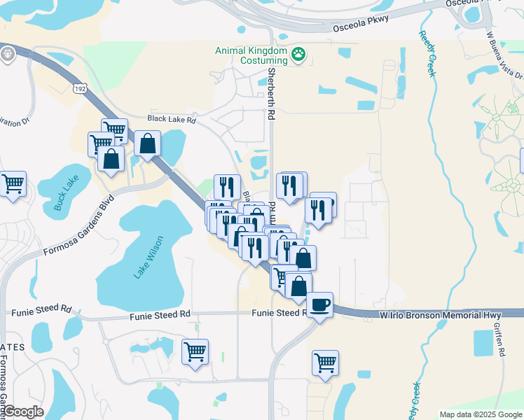 map of restaurants, bars, coffee shops, grocery stores, and more near 7601 Black Lake Road in Kissimmee