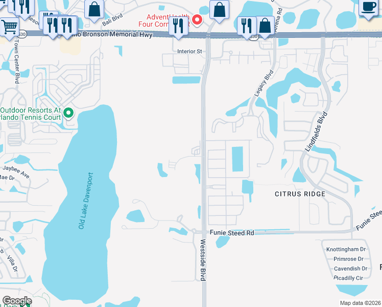 map of restaurants, bars, coffee shops, grocery stores, and more near 3050 Pirates Retreat Court in Kissimmee