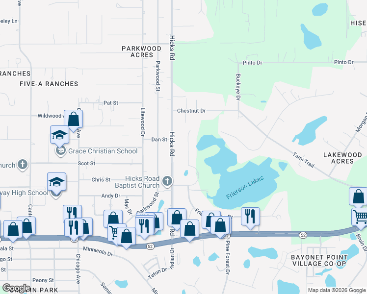 map of restaurants, bars, coffee shops, grocery stores, and more near 10030 Frierson Lake Drive in Hudson