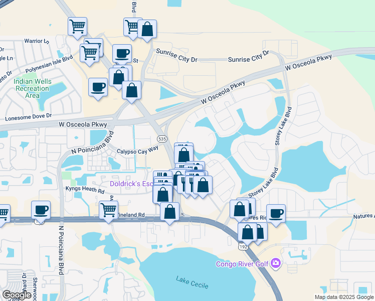 map of restaurants, bars, coffee shops, grocery stores, and more near 4928 Windermere Avenue in Kissimmee
