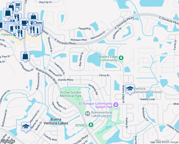 map of restaurants, bars, coffee shops, grocery stores, and more near 212 Old Bay Lane in Kissimmee