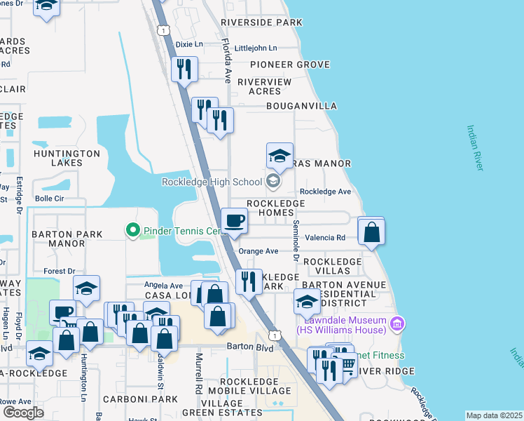 map of restaurants, bars, coffee shops, grocery stores, and more near 62 Park Street in Rockledge