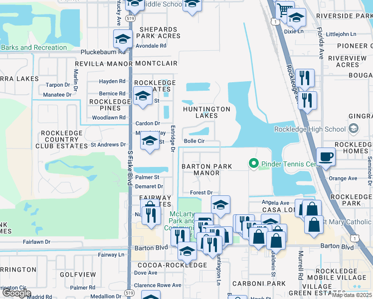 map of restaurants, bars, coffee shops, grocery stores, and more near 1310 Robinswood Drive in Rockledge
