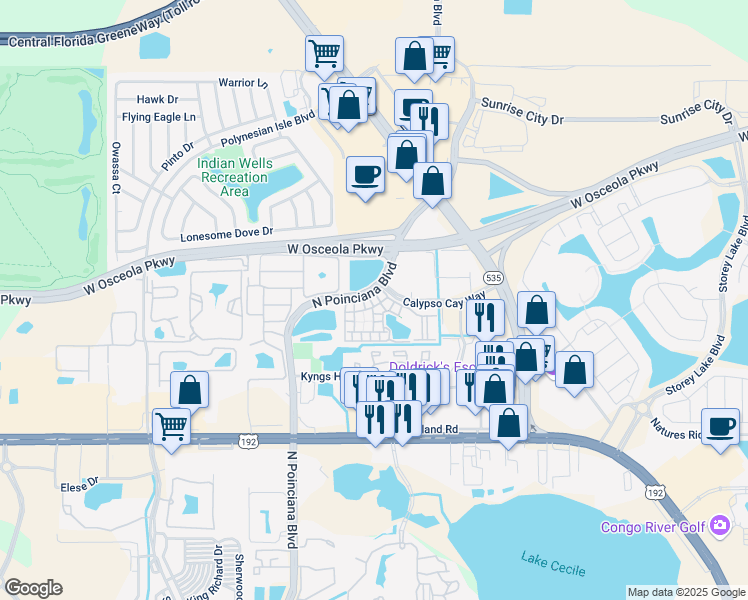 map of restaurants, bars, coffee shops, grocery stores, and more near 3009 Bonfire Beach Drive in Kissimmee