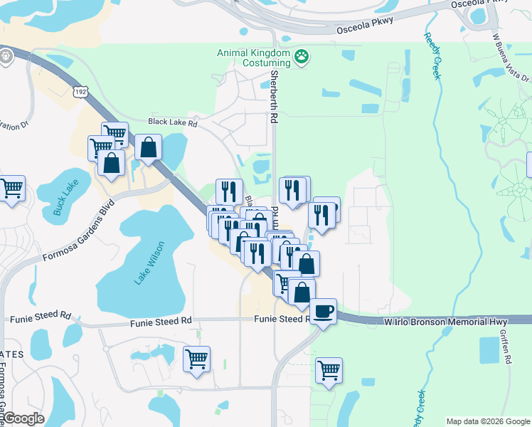 map of restaurants, bars, coffee shops, grocery stores, and more near 3040 West Bay Circle in Kissimmee