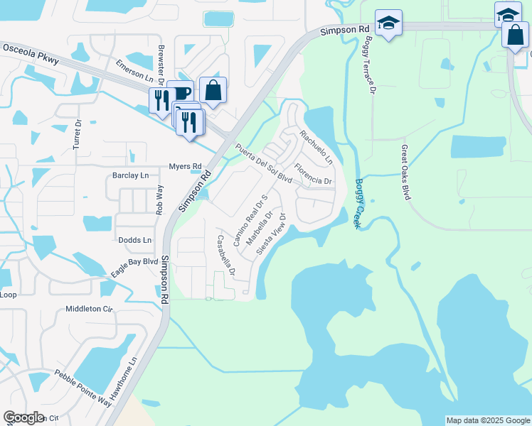 map of restaurants, bars, coffee shops, grocery stores, and more near 2981 Marbella Drive in Kissimmee