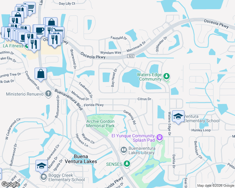 map of restaurants, bars, coffee shops, grocery stores, and more near 147 Hidden Springs Circle in Kissimmee
