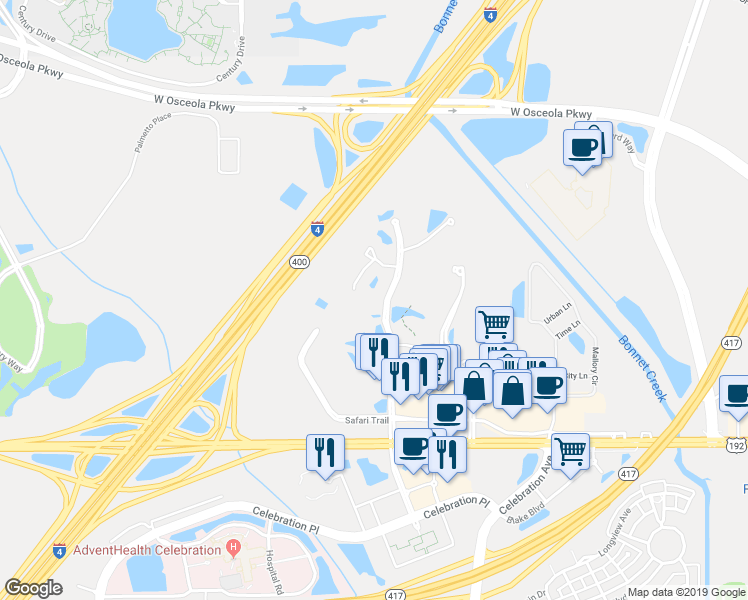 map of restaurants, bars, coffee shops, grocery stores, and more near 3008 Parkway Boulevard in Kissimmee