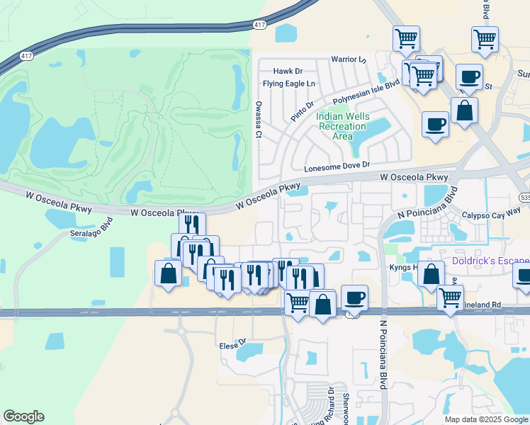 map of restaurants, bars, coffee shops, grocery stores, and more near 3050 Polynesian Isles Boulevard in Kissimmee