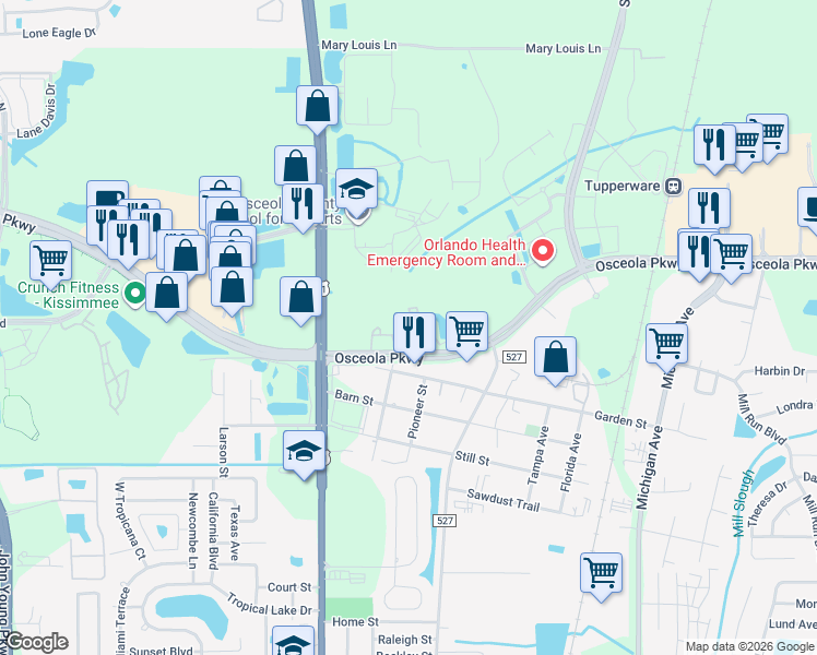 map of restaurants, bars, coffee shops, grocery stores, and more near 401 Bald Cypress Drive in Kissimmee