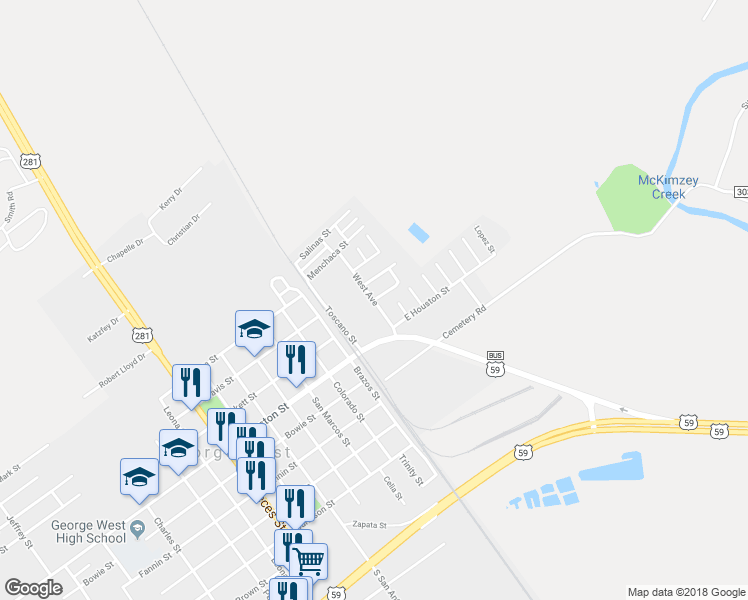 map of restaurants, bars, coffee shops, grocery stores, and more near 800 West Avenue in George West