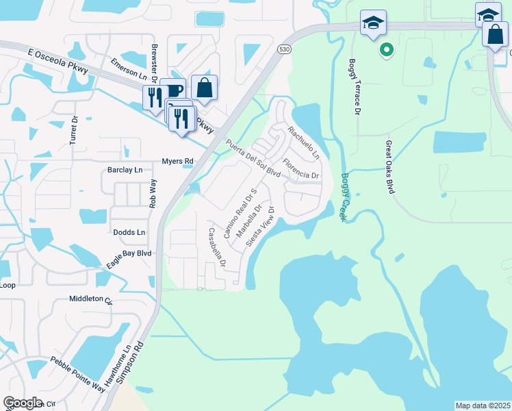 map of restaurants, bars, coffee shops, grocery stores, and more near 2981 Marbella Drive in Kissimmee