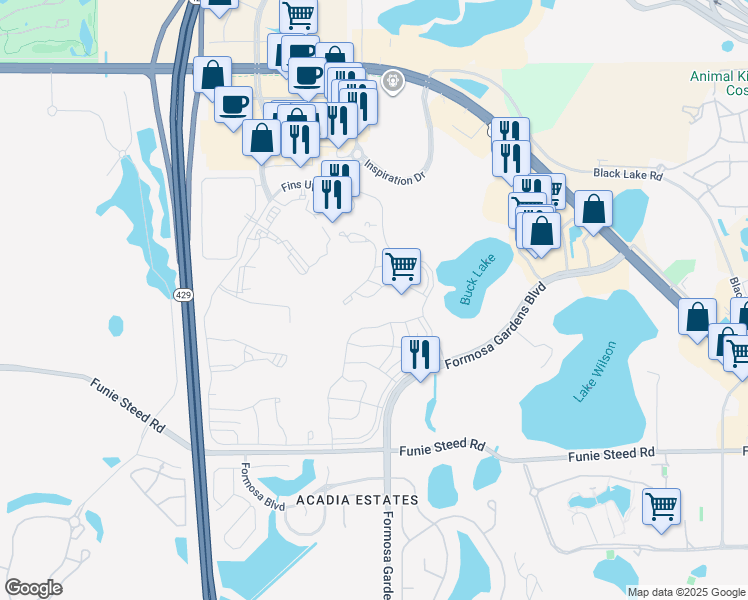 map of restaurants, bars, coffee shops, grocery stores, and more near 8032 Shaker Street in Kissimmee