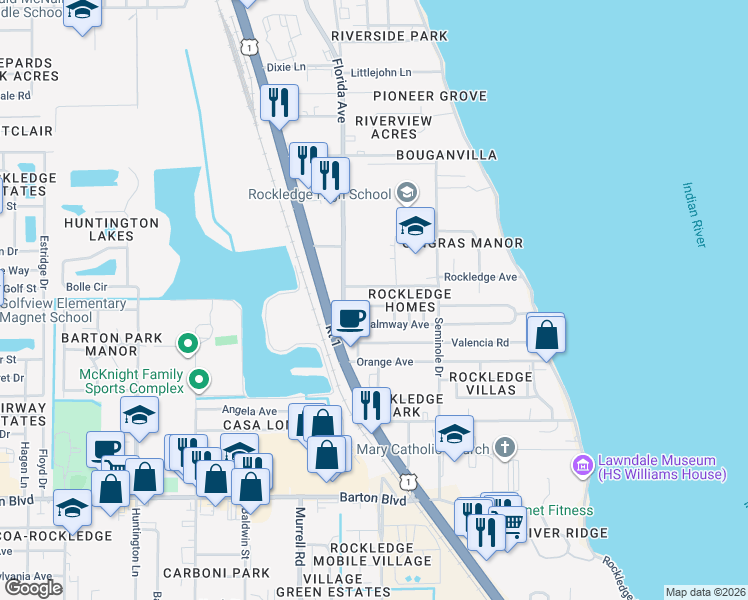 map of restaurants, bars, coffee shops, grocery stores, and more near 62 Park Street in Rockledge