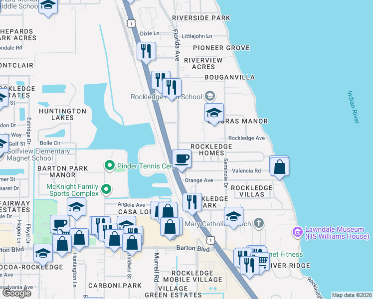 map of restaurants, bars, coffee shops, grocery stores, and more near 1286 Florida Avenue South in Rockledge