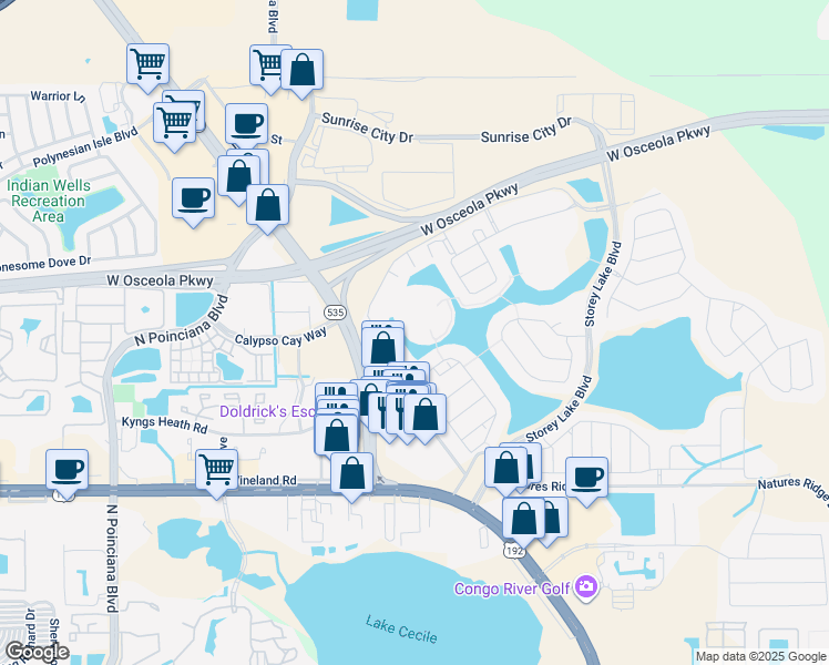 map of restaurants, bars, coffee shops, grocery stores, and more near 4928 Windermere Avenue in Kissimmee
