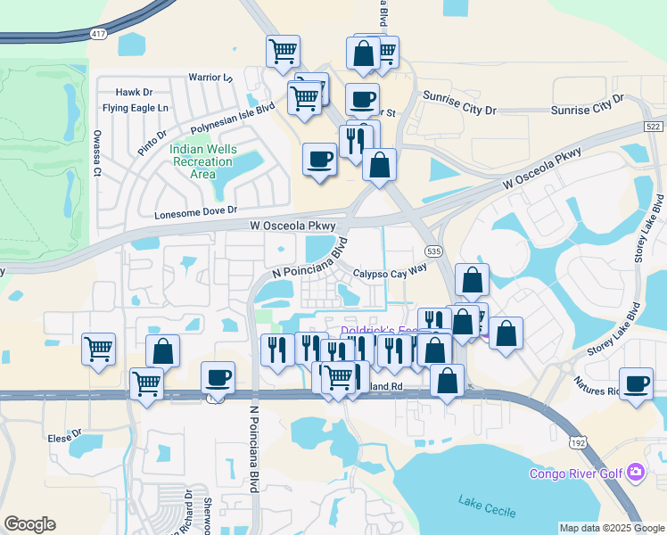 map of restaurants, bars, coffee shops, grocery stores, and more near 3009 Bonfire Beach Drive in Kissimmee