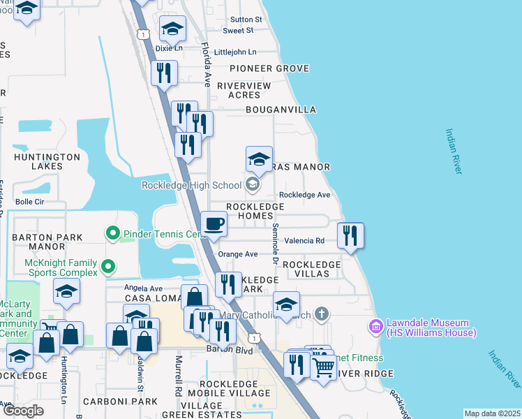 map of restaurants, bars, coffee shops, grocery stores, and more near 35 Patrick Lane in Rockledge