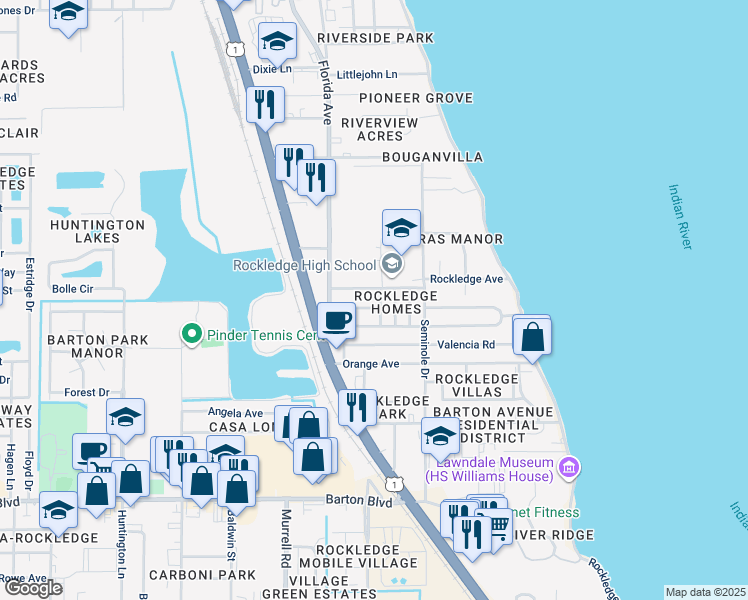 map of restaurants, bars, coffee shops, grocery stores, and more near 62 Park Street in Rockledge