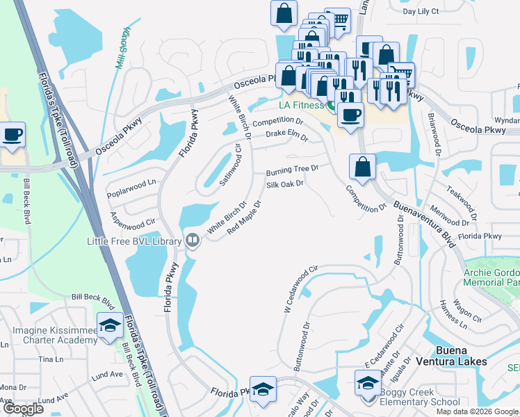 map of restaurants, bars, coffee shops, grocery stores, and more near 232 Red Maple Drive in Kissimmee