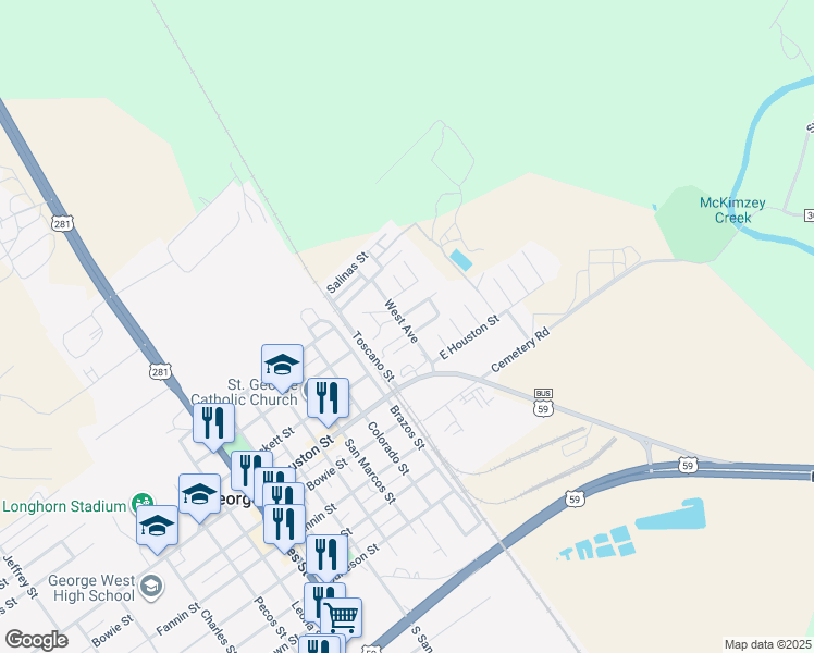 map of restaurants, bars, coffee shops, grocery stores, and more near 800 West Avenue in George West
