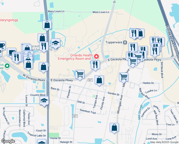 map of restaurants, bars, coffee shops, grocery stores, and more near 1087 East Osceola Parkway in Kissimmee