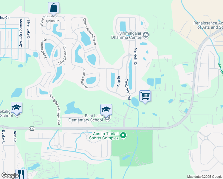 map of restaurants, bars, coffee shops, grocery stores, and more near 4045 Sunny Day Way in Kissimmee