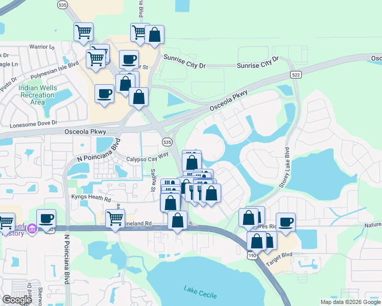 map of restaurants, bars, coffee shops, grocery stores, and more near 4928 Windermere Avenue in Kissimmee