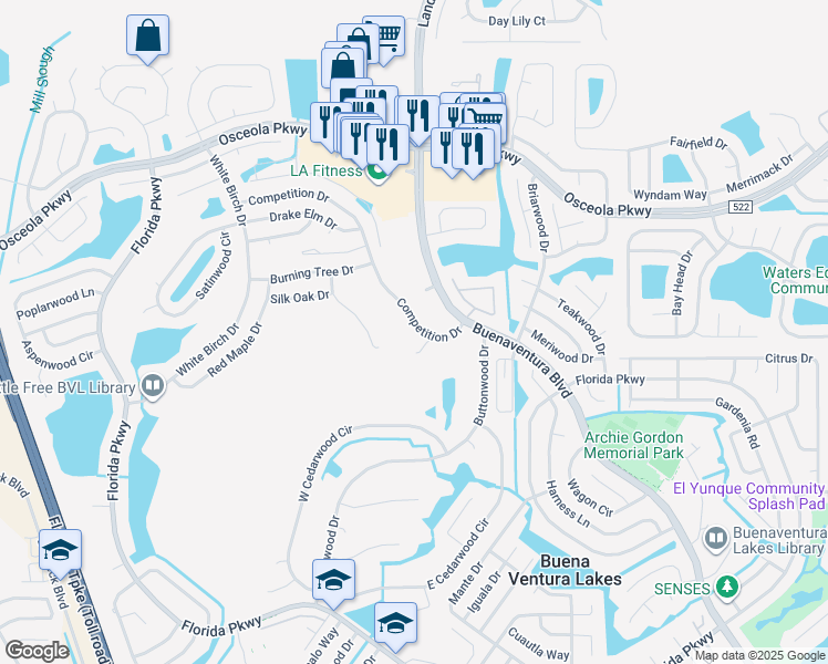 map of restaurants, bars, coffee shops, grocery stores, and more near 286 Competition Drive in Kissimmee