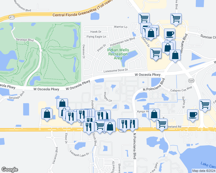 map of restaurants, bars, coffee shops, grocery stores, and more near 5263 Images Circle in Kissimmee
