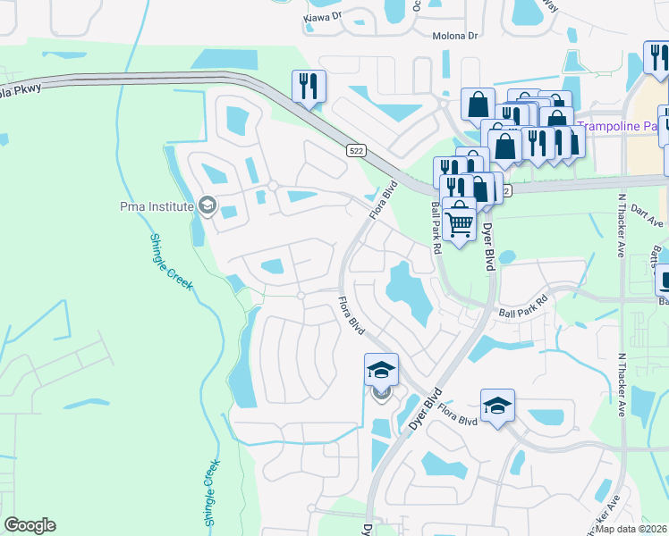 map of restaurants, bars, coffee shops, grocery stores, and more near 3126 Ashland Lane North in Kissimmee